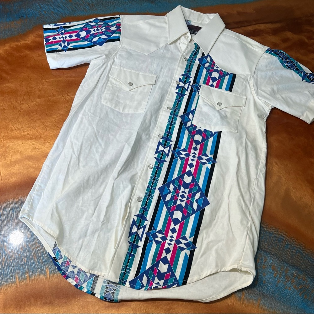 Vintage 70s Winchester Pearl Snap western Shirt White multicolor med deadstock